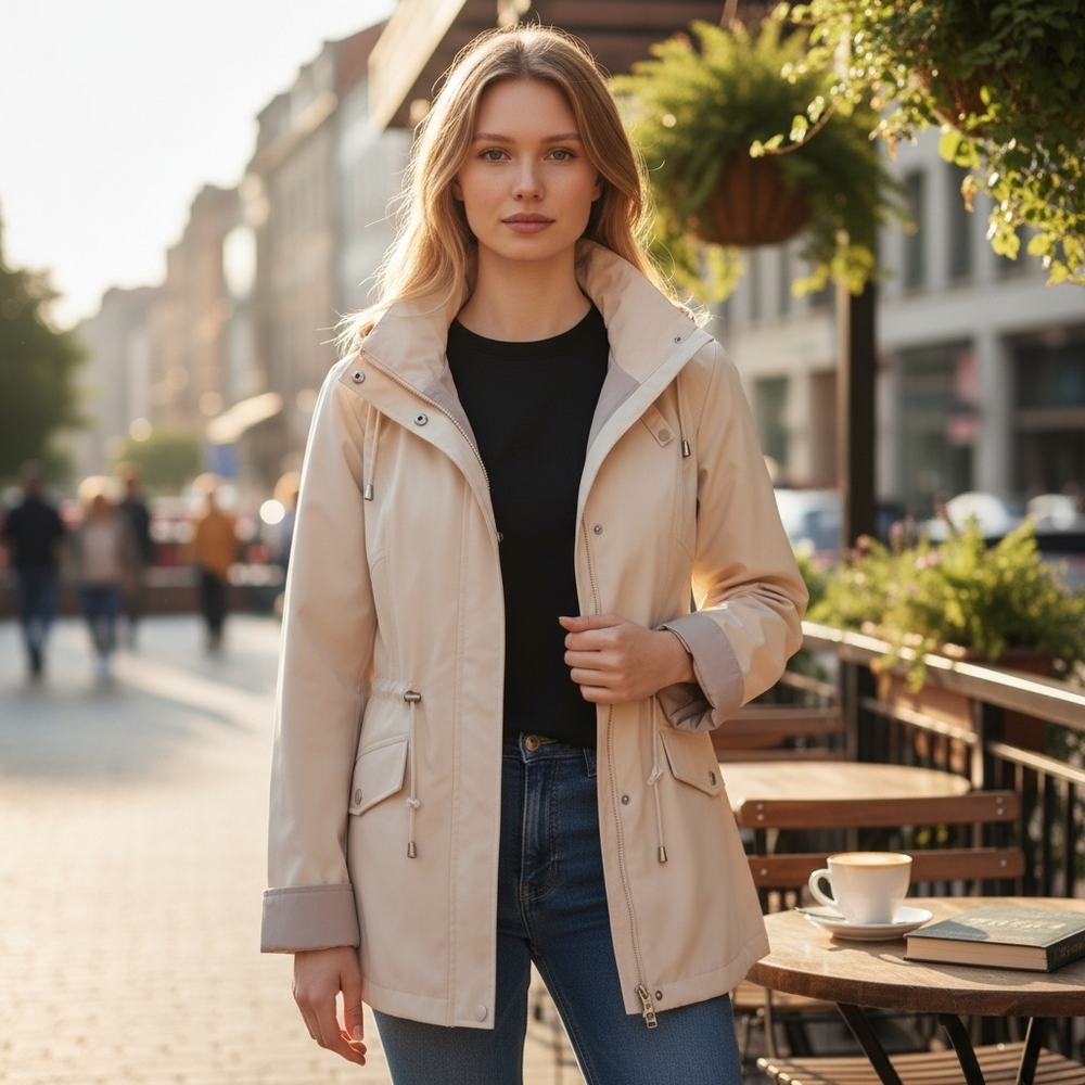 WHITE STAG | Cream Taupe Hooded Snap Zip Utility Jacket Silver Accents‎ | S